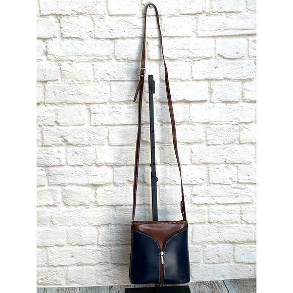 Vera Pelle Italian Leather Handbag Crossbody Blue With Brown Silvertone - Picture 4 of 16